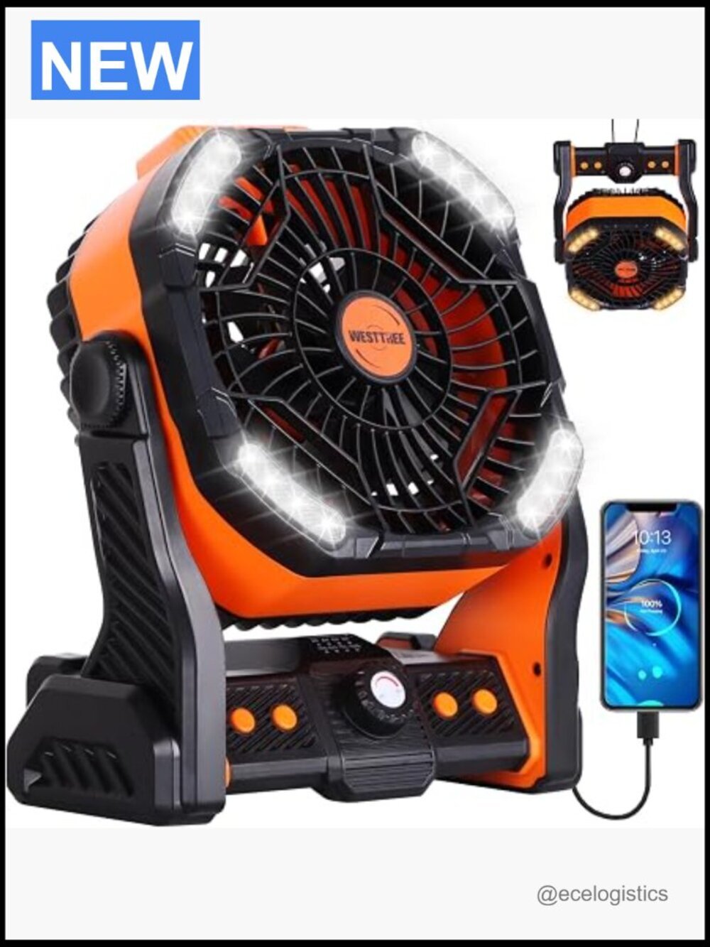 20000mAh Rechargeable Camping Fan with LED Light & Hook